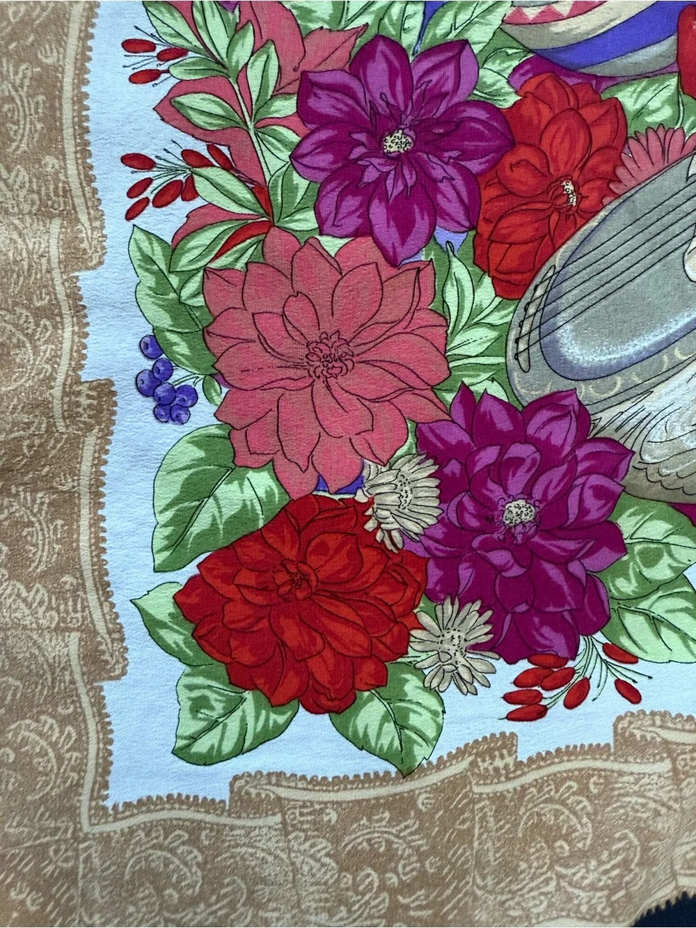 Dior Floral & Lute Silk Scarf in White, Red, Purple, Green